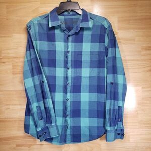 Mossimo Supply Co Plaid Shirt Mens M Blue Green Teal Roll Tab Sleeve Cotton